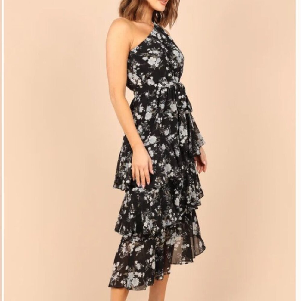 Petal & Pup Black Floral Asymmetrical Ruffled Midi Dress